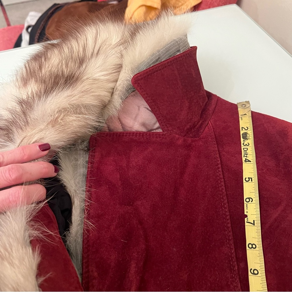 SIMPSONS Penny Lane Genuine Suede Leather Coat Real Fur Collar Belted Long Coat - Picture 14 of 16